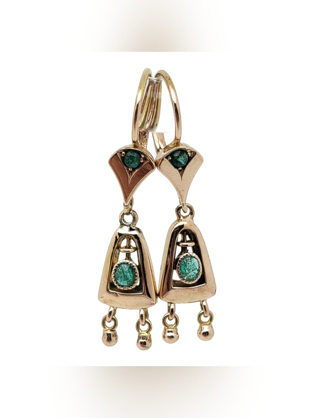 Vintage 10k Gold Georgian Avant Garde Emerald Dangle Earrings